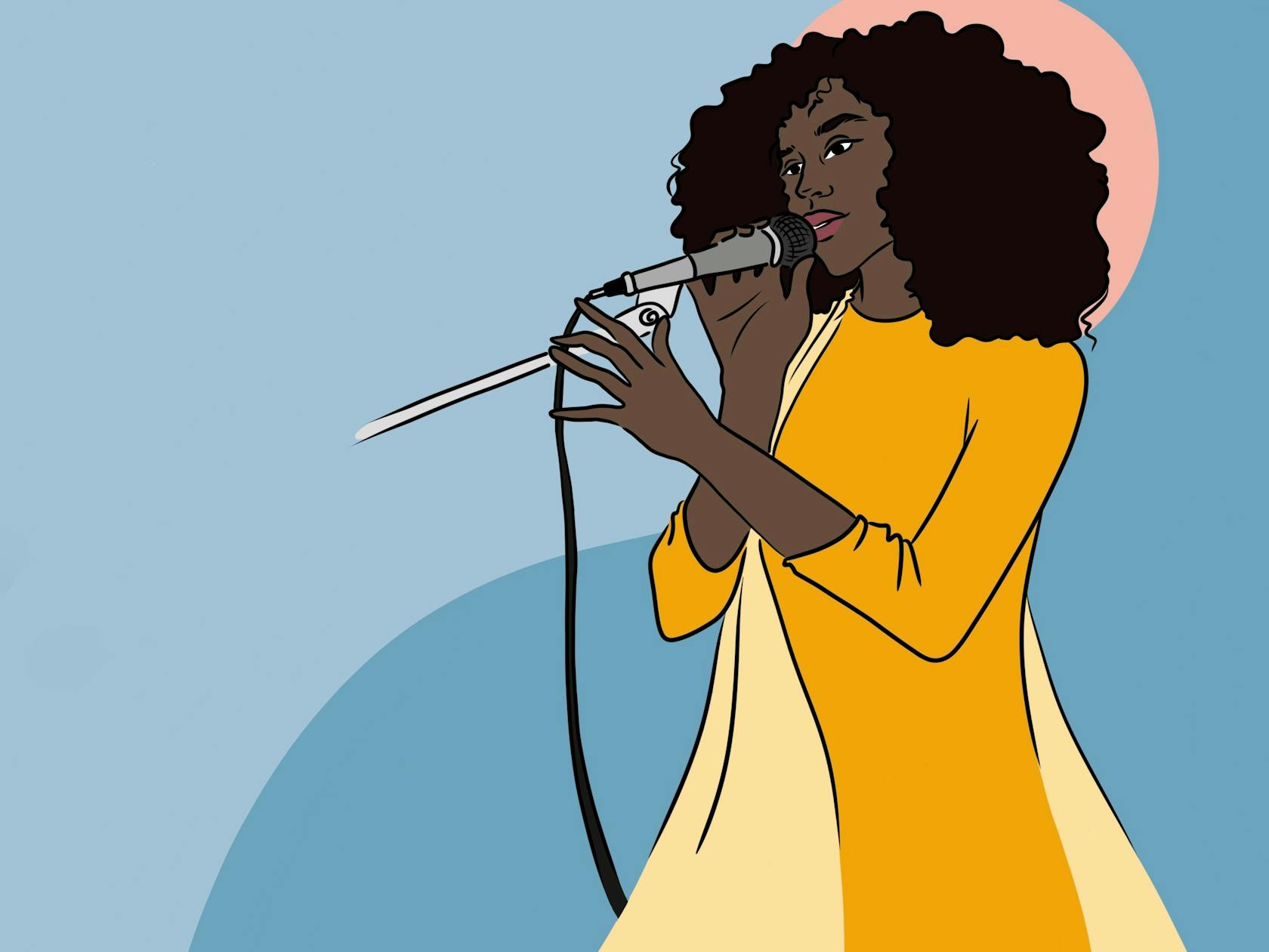 Die Abbildung zeigt eine Zeichnung einer Schwarzen Frau mit einem Mikrofon in der Hand.

